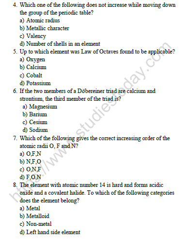 Cbse Class Chemistry Periodic Classification Of Elements Worksheet Set H